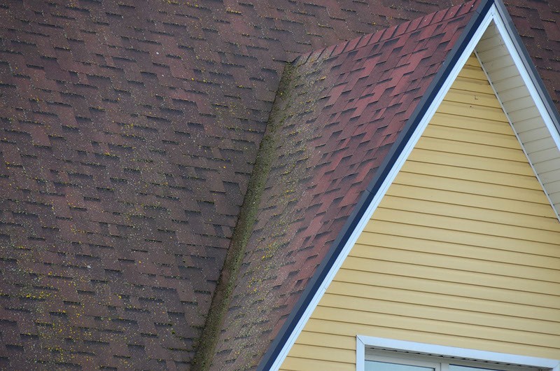 Зацветшая грязная гибкая черепица, фото кровли дома